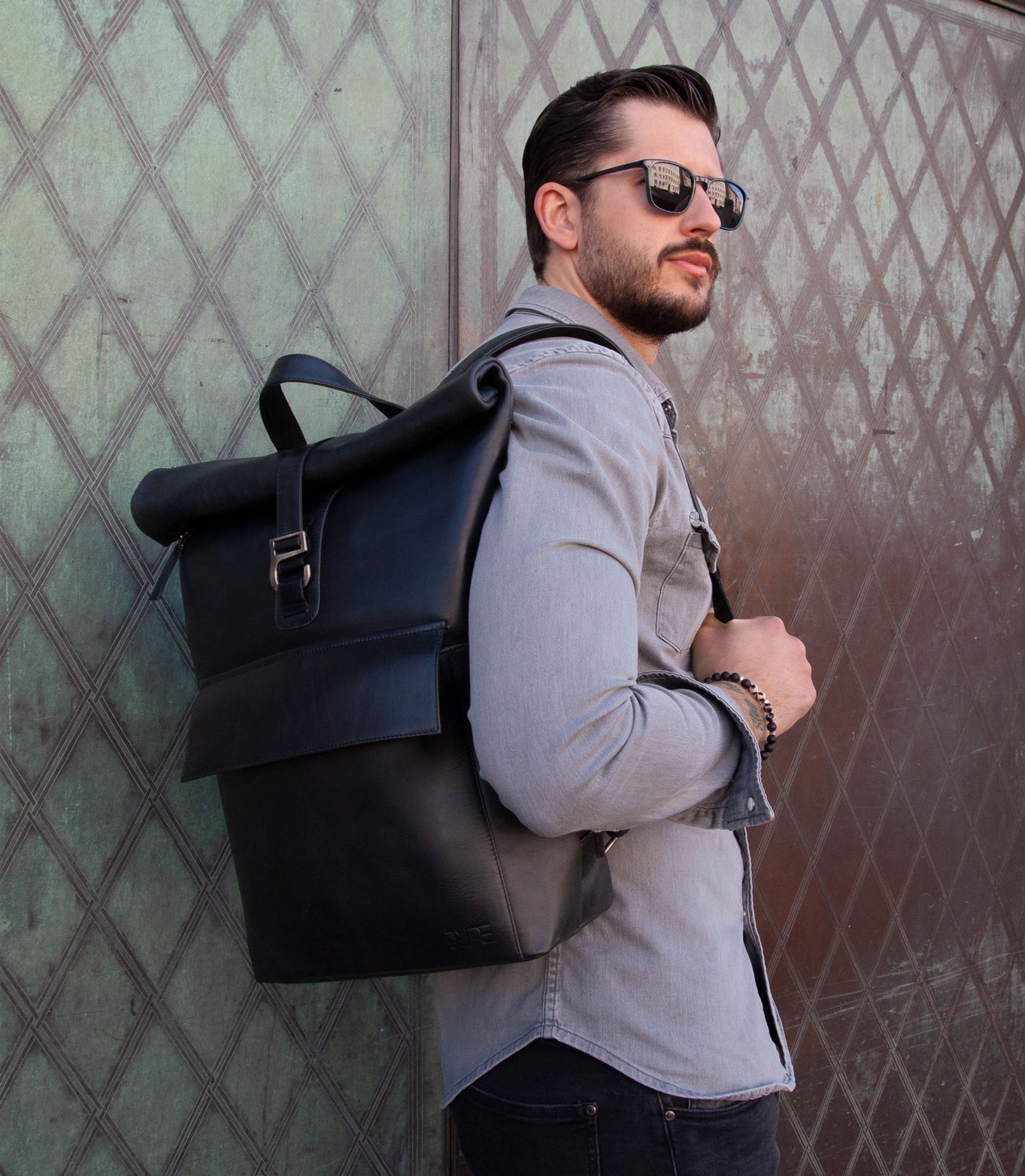 Rolltop Leder Rucksack POLIS Midnight Black