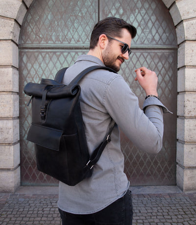 Rolltop Leder Rucksack POLIS Midnight Black